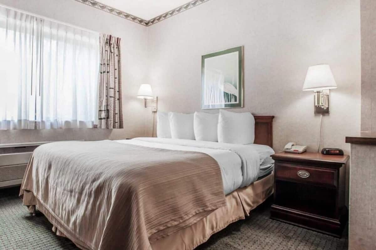 A hotel room with a bed, bedside lamps, a nightstand, a mirror, and a window with curtains.