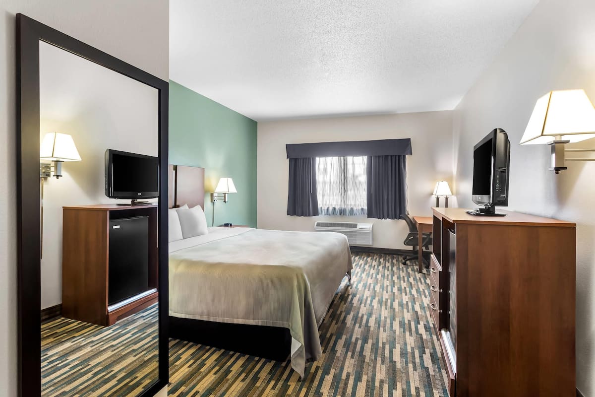 A hotel room with a bed, a desk, a TV, and a mirror.