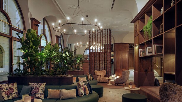 A modern lounge area with a green sofa, wooden coffee table, and a large plant. - Platzl Hotel (Munich)