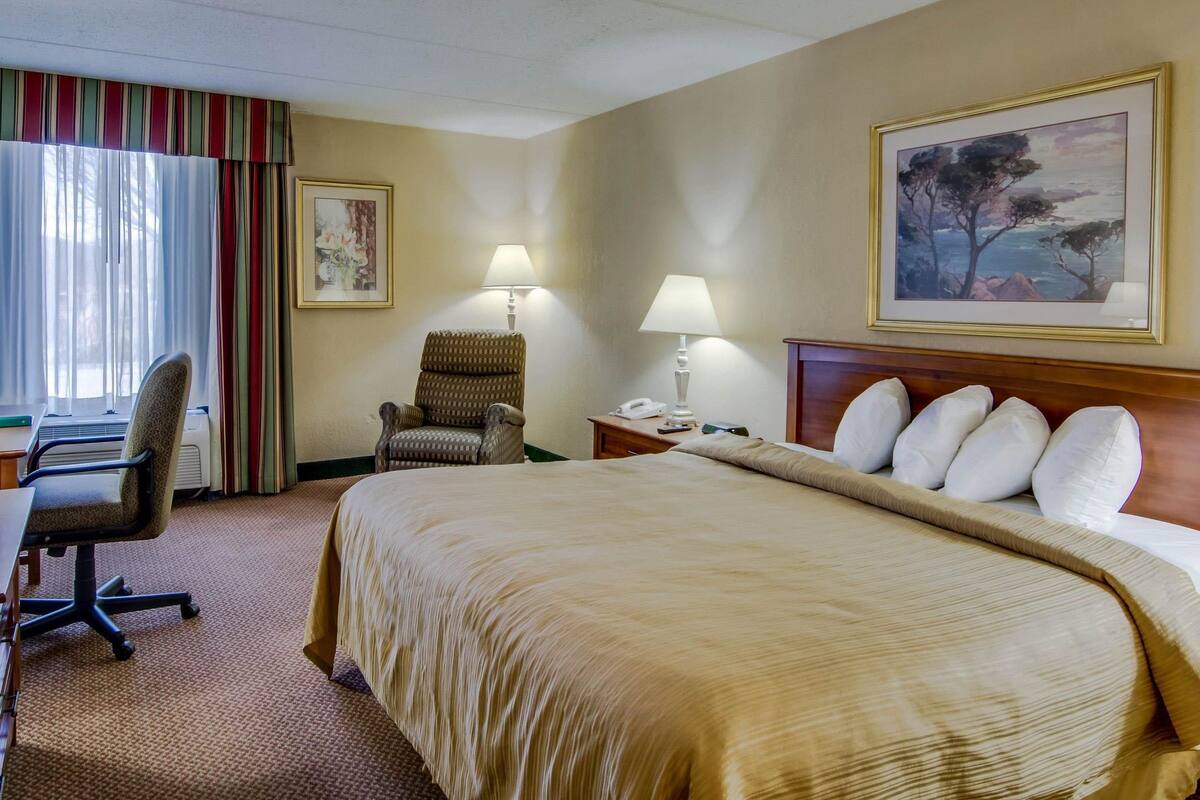 A hotel room with a large bed, a desk with a chair, a lamp, and a painting on the wall.