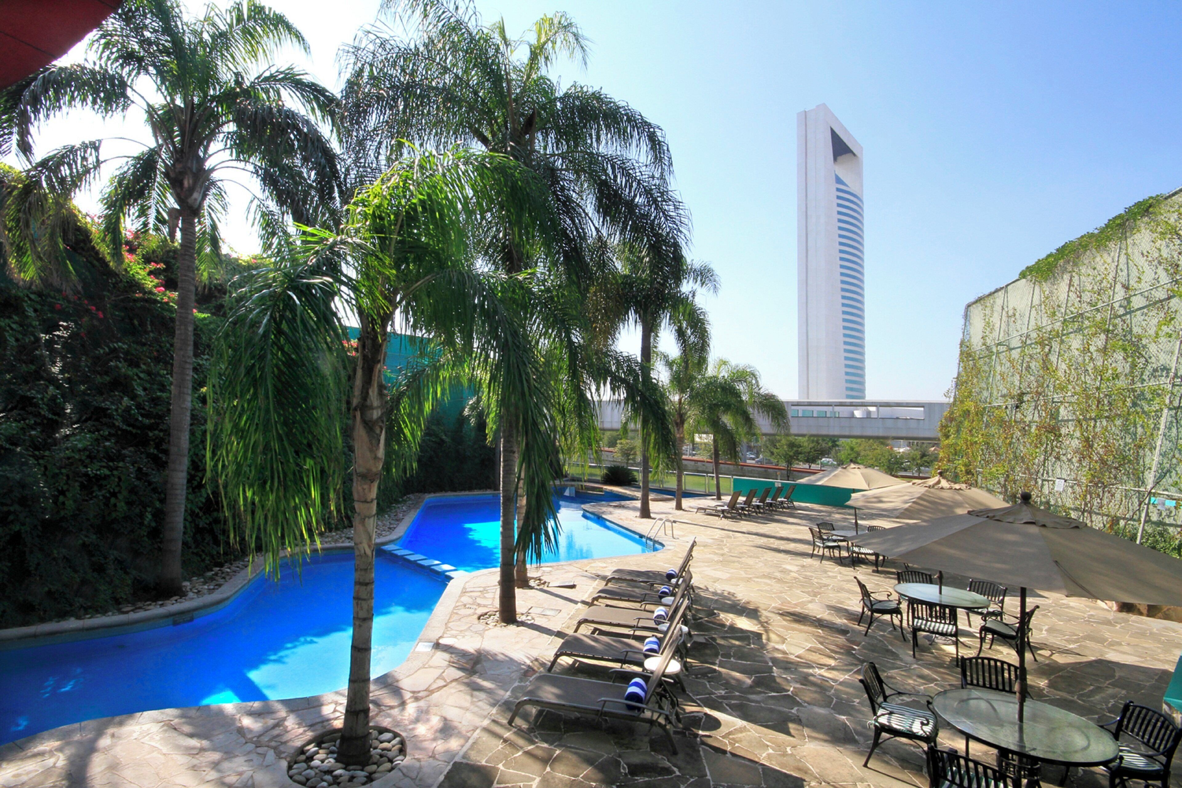 Un área de piscina con sillones de descanso y sombrillas, rodeada de palmeras y un edificio alto al fondo.