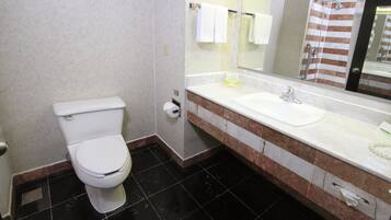 Un baño con inodoro, lavabo y espejo.