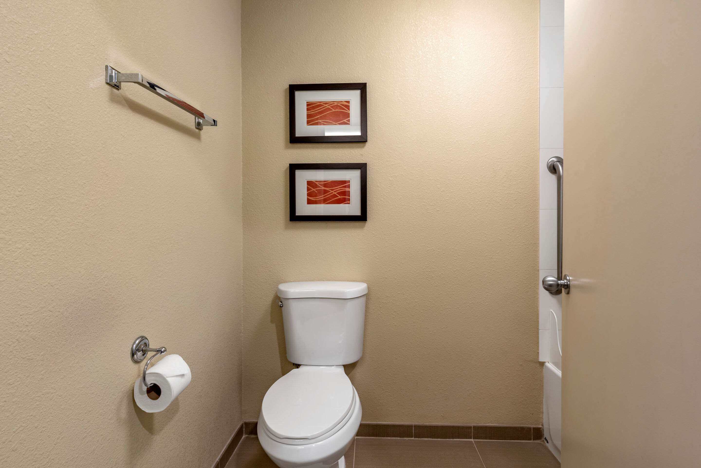 A small bathroom with a white toilet, a handrail, and two framed pictures on the wall.
