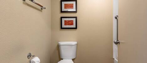 A small bathroom with a white toilet, a handrail, and two framed pictures on the wall.