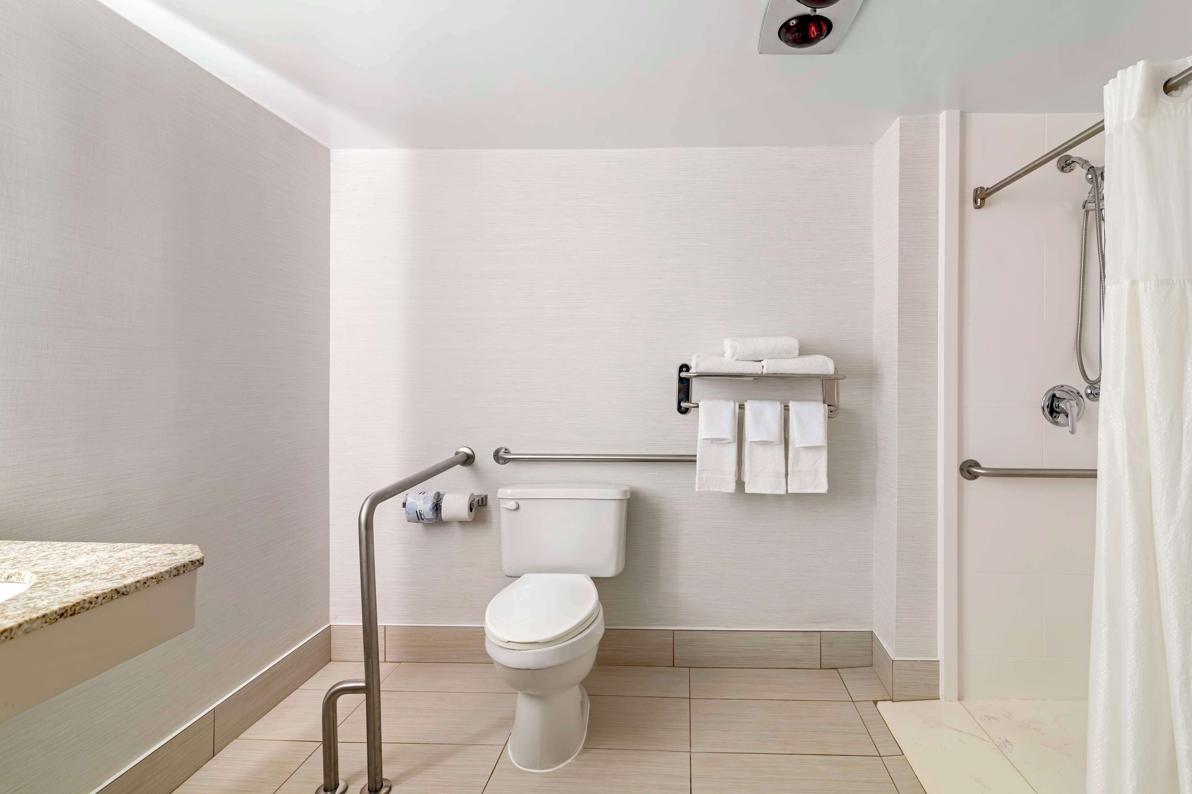 Un bagno moderno dotato di toilette, maniglie di sostegno, portasci e zona doccia.