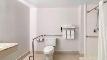 Un bagno moderno dotato di toilette, maniglie di sostegno, portasci e zona doccia.