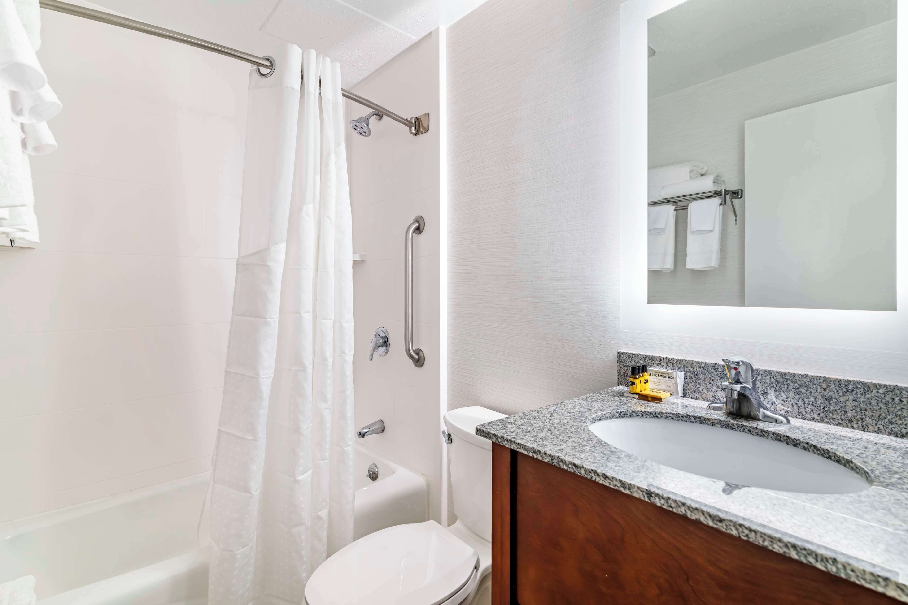 standard room, 1 king bed, non smoking, refrigerator & microwave | bathroom | free toiletries, hair dryer, towels, soap