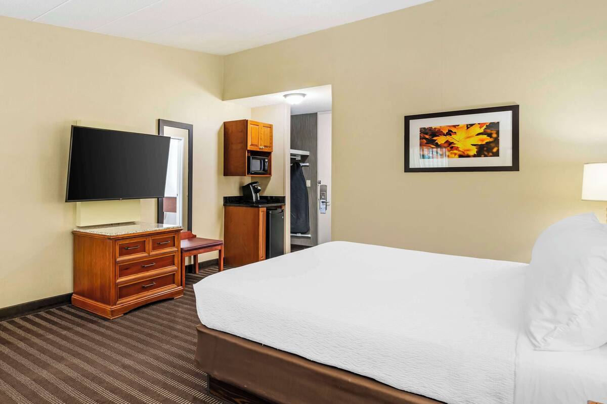 A hotel room with a bed, a television, a microwave, a coffee maker, and a framed picture on the wall.