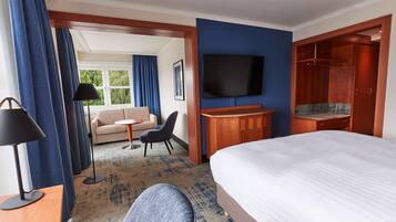 A hotel room with a bed, a TV, a sofa, a chair, a desk, and a wardrobe.