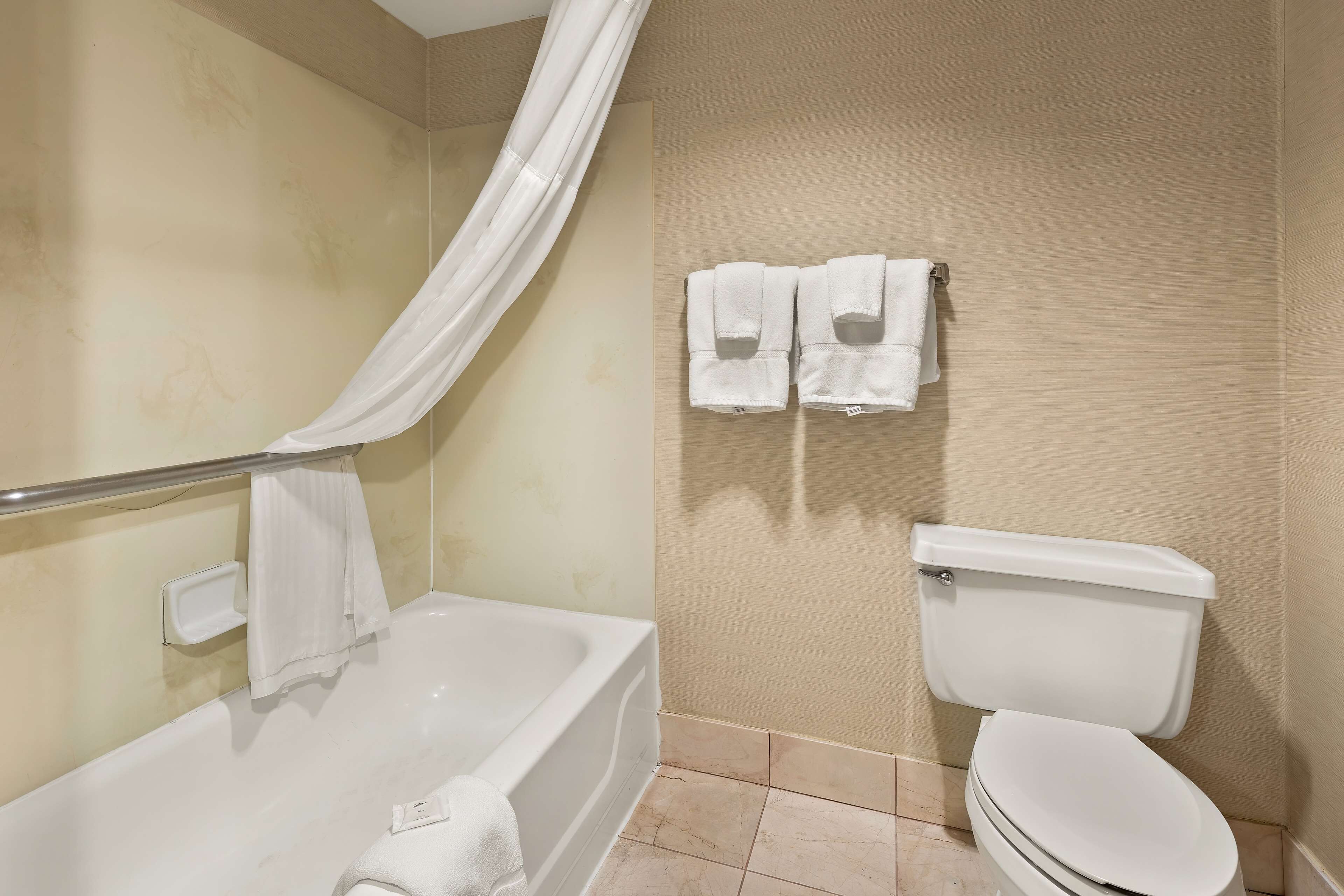 combined shower/bathtub, designer toiletries, hair dryer, towels