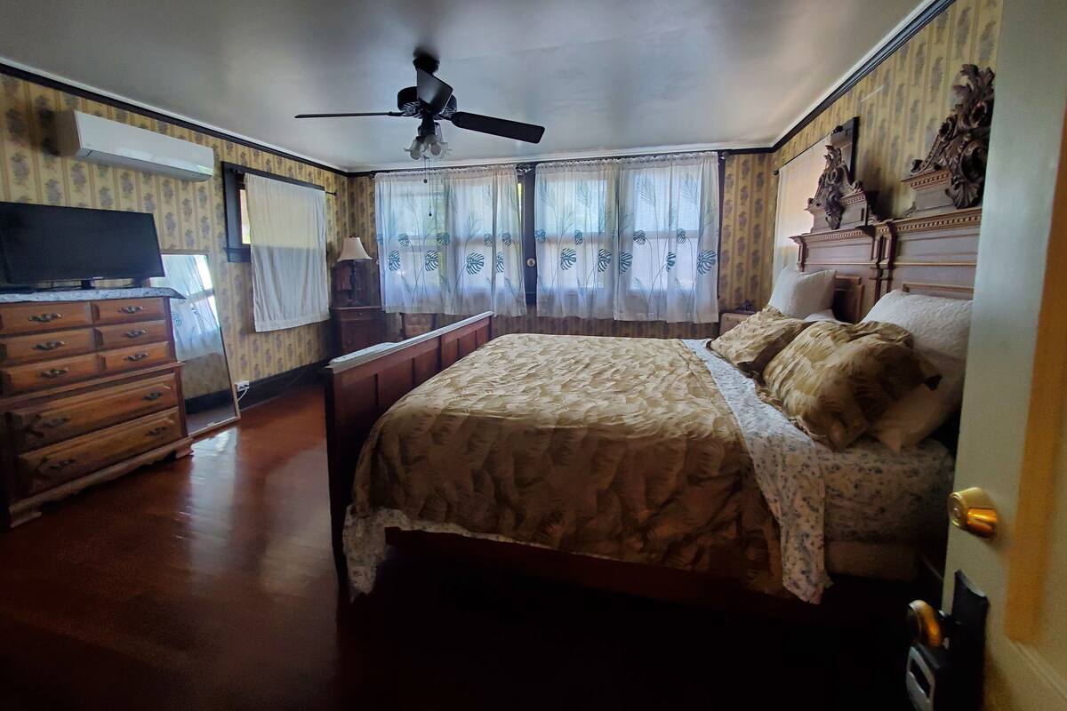 Une chambre à coucher comprenant un lit, une commode, un téléviseur, un ventilateur de plafond et des rideaux.