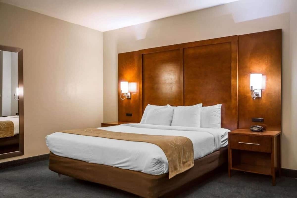A hotel room with a large bed, wooden headboard, two bedside lamps, a nightstand, and a mirror.