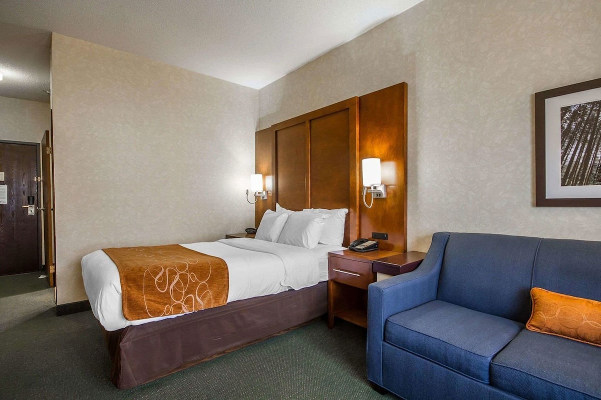A hotel room with a bed, a desk with a telephone, a blue armchair, and a framed picture on the wall.