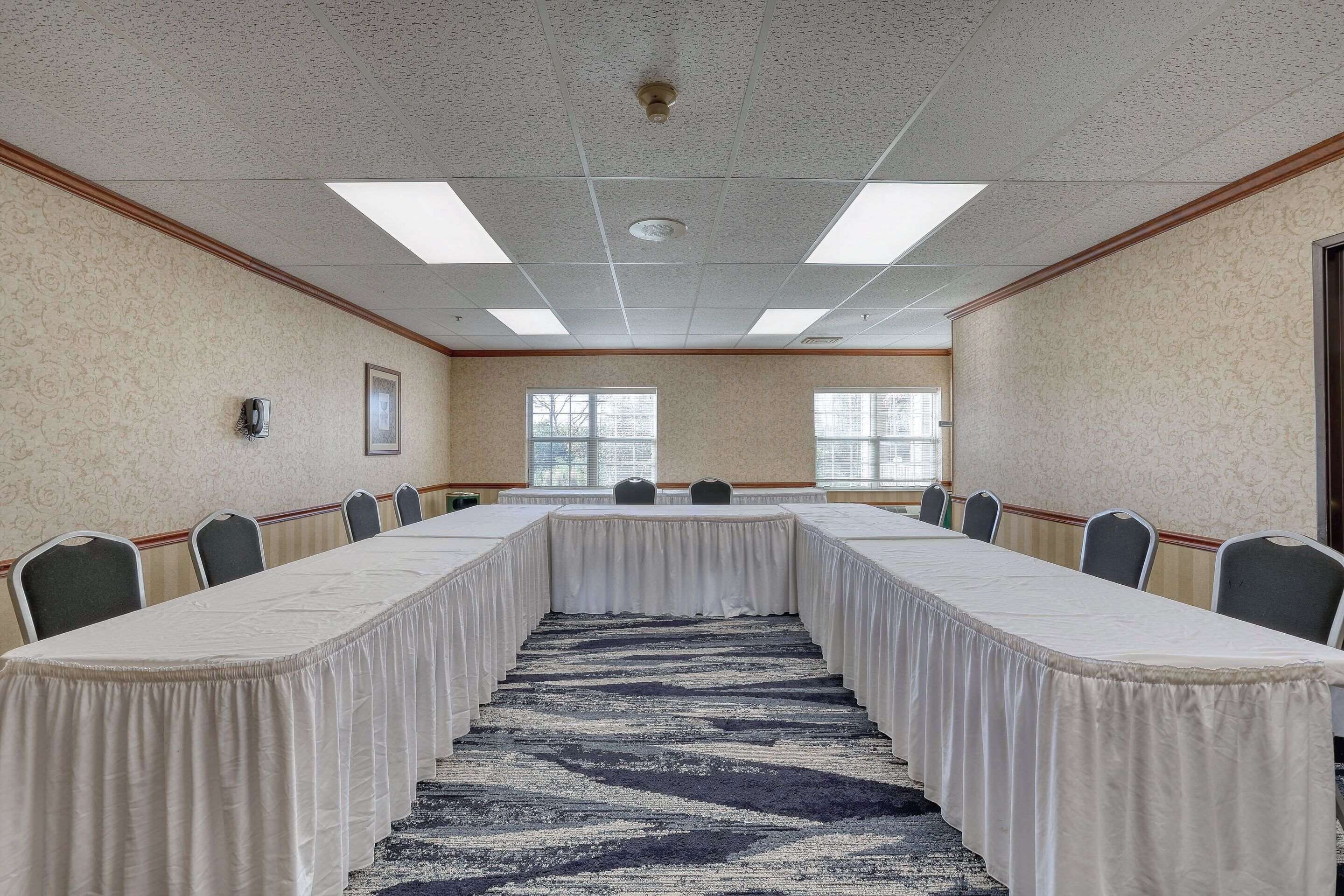 A conference room with a long table, chairs, and a patterned carpet.