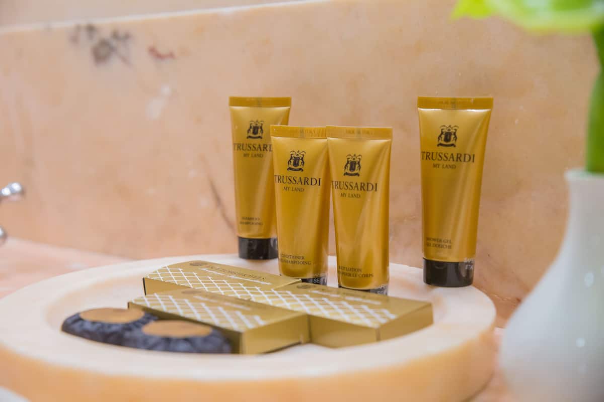 presidential suite (giambologna) | bathroom | combined shower/bathtub, eco-friendly toiletries, hair dryer, bathrobes