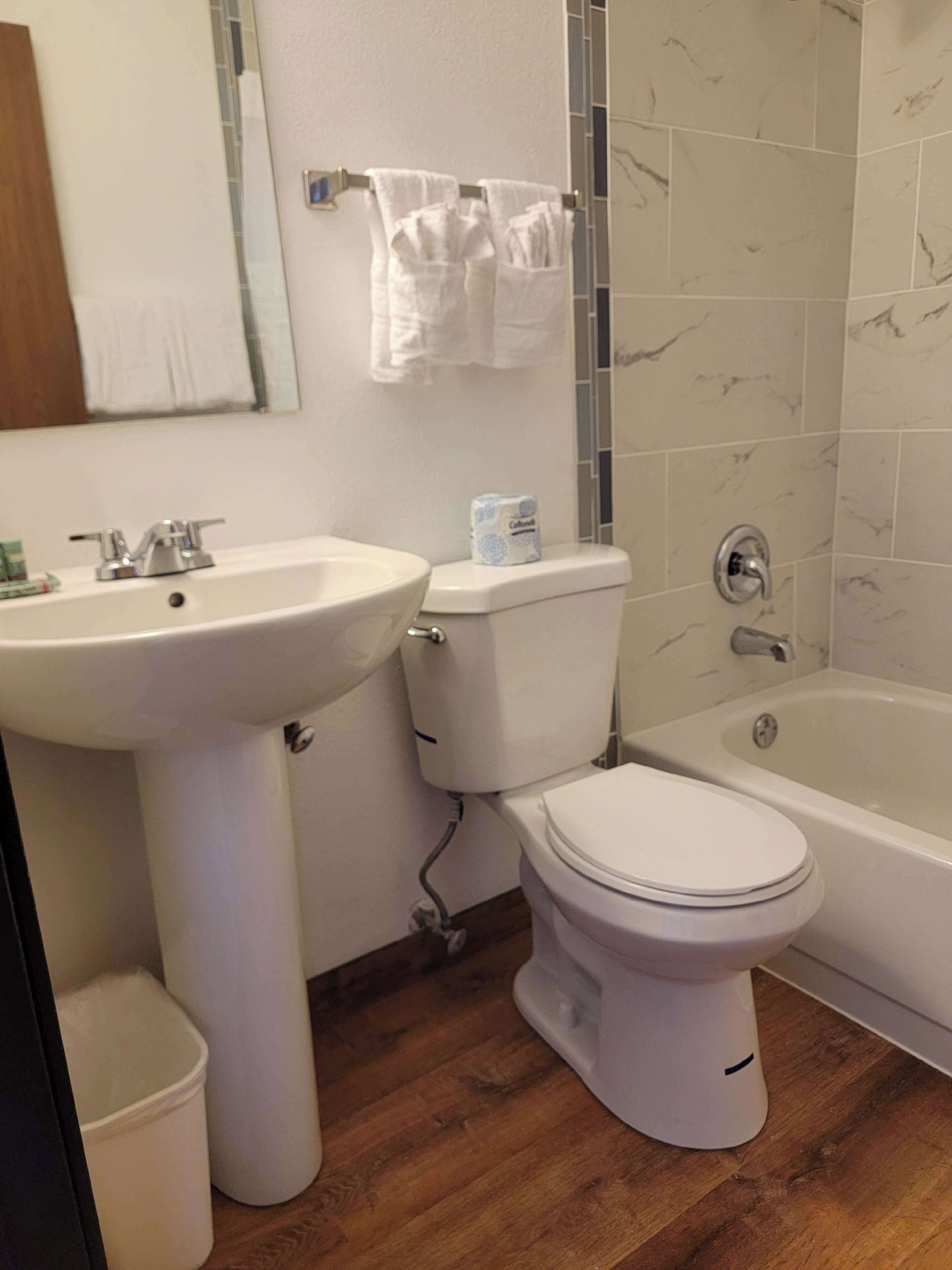 eco-friendly toiletries, hair dryer, towels, soap