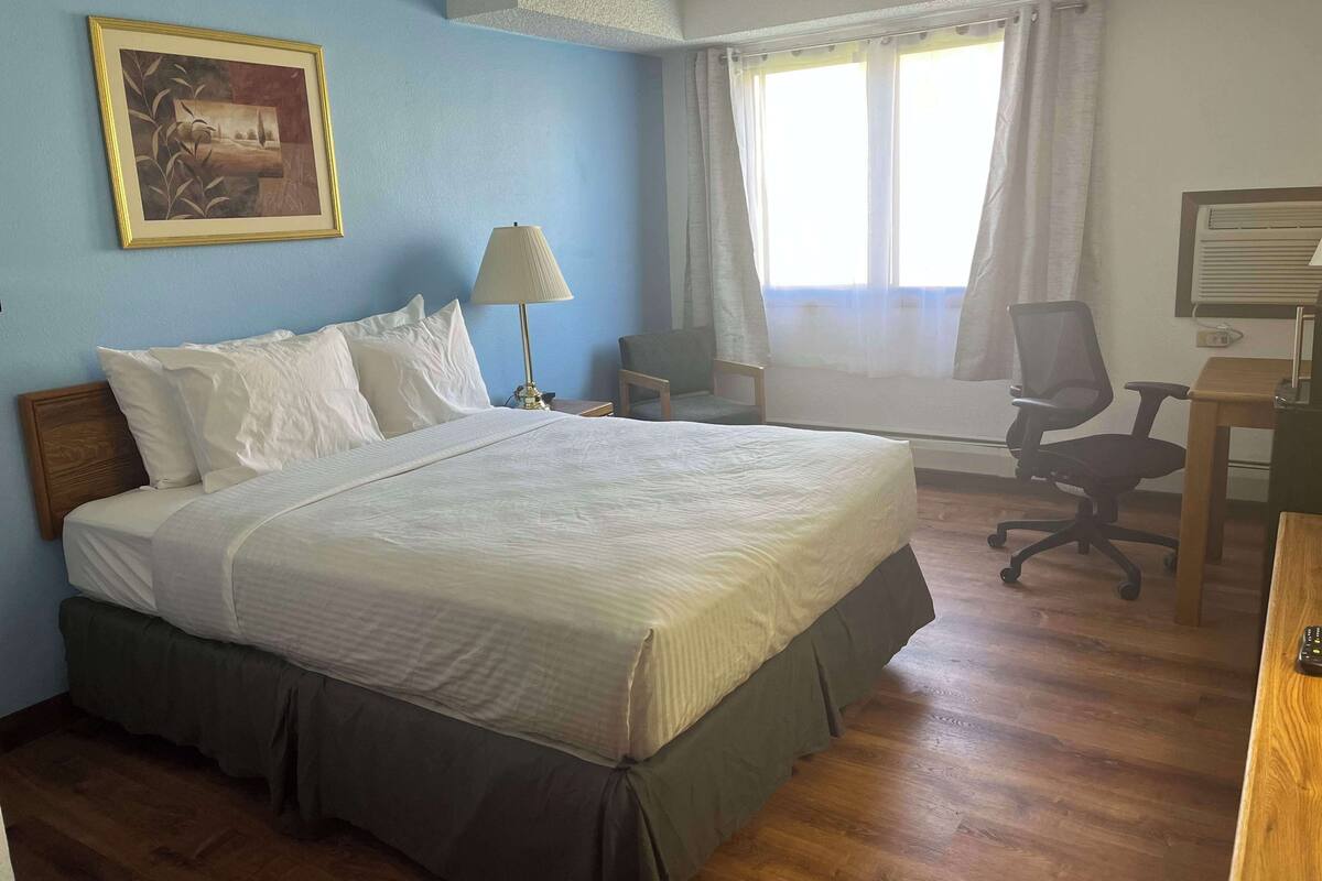 A hotel room with a bed, a desk, a chair, and a window with curtains.