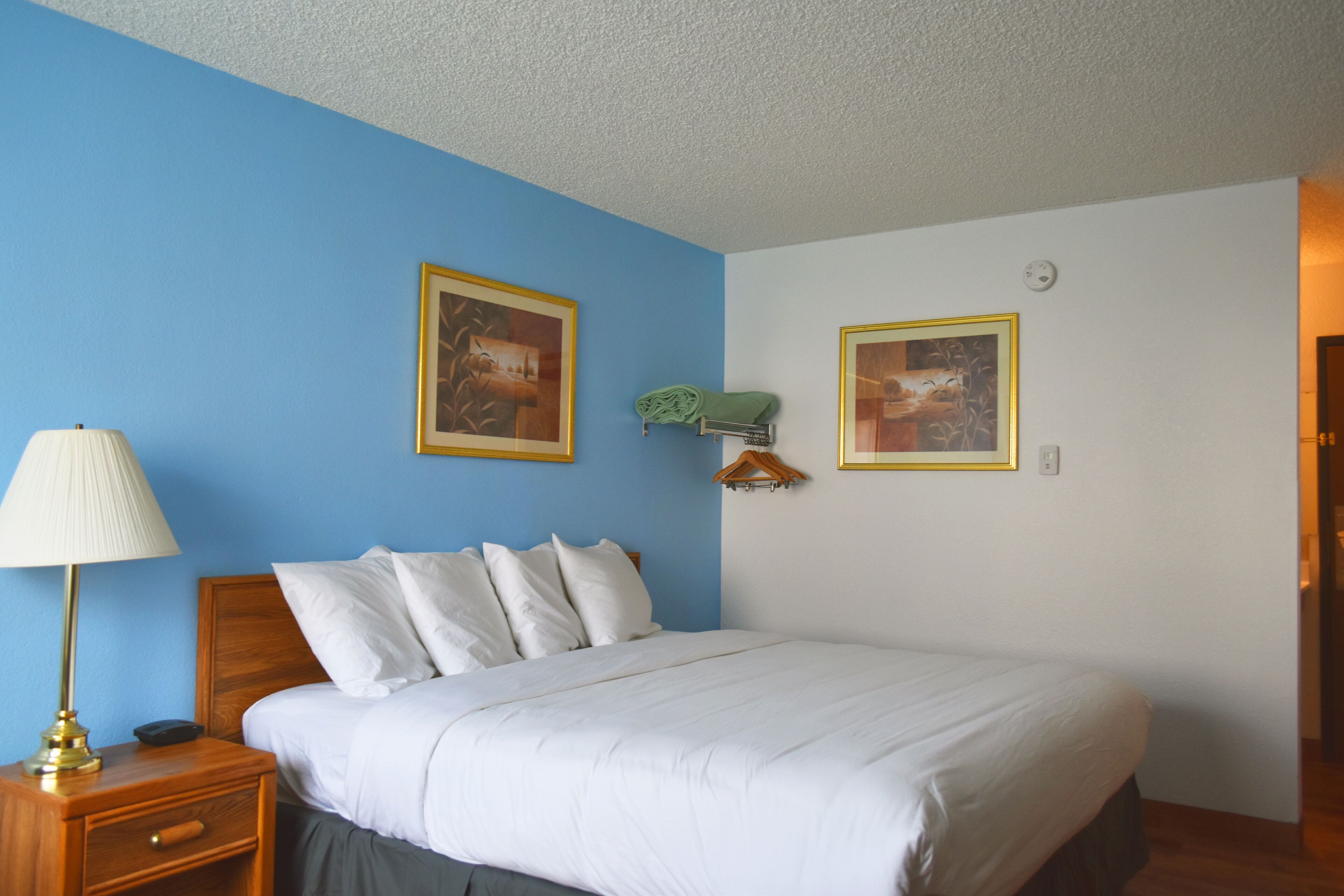 A bedroom with a bed, a nightstand, a lamp, and two framed pictures on the wall.