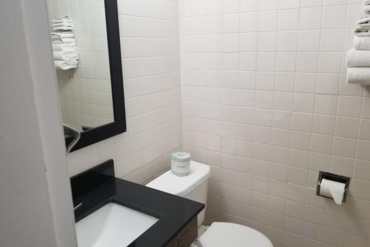 Combined shower/tub, towels, soap, toilet paper