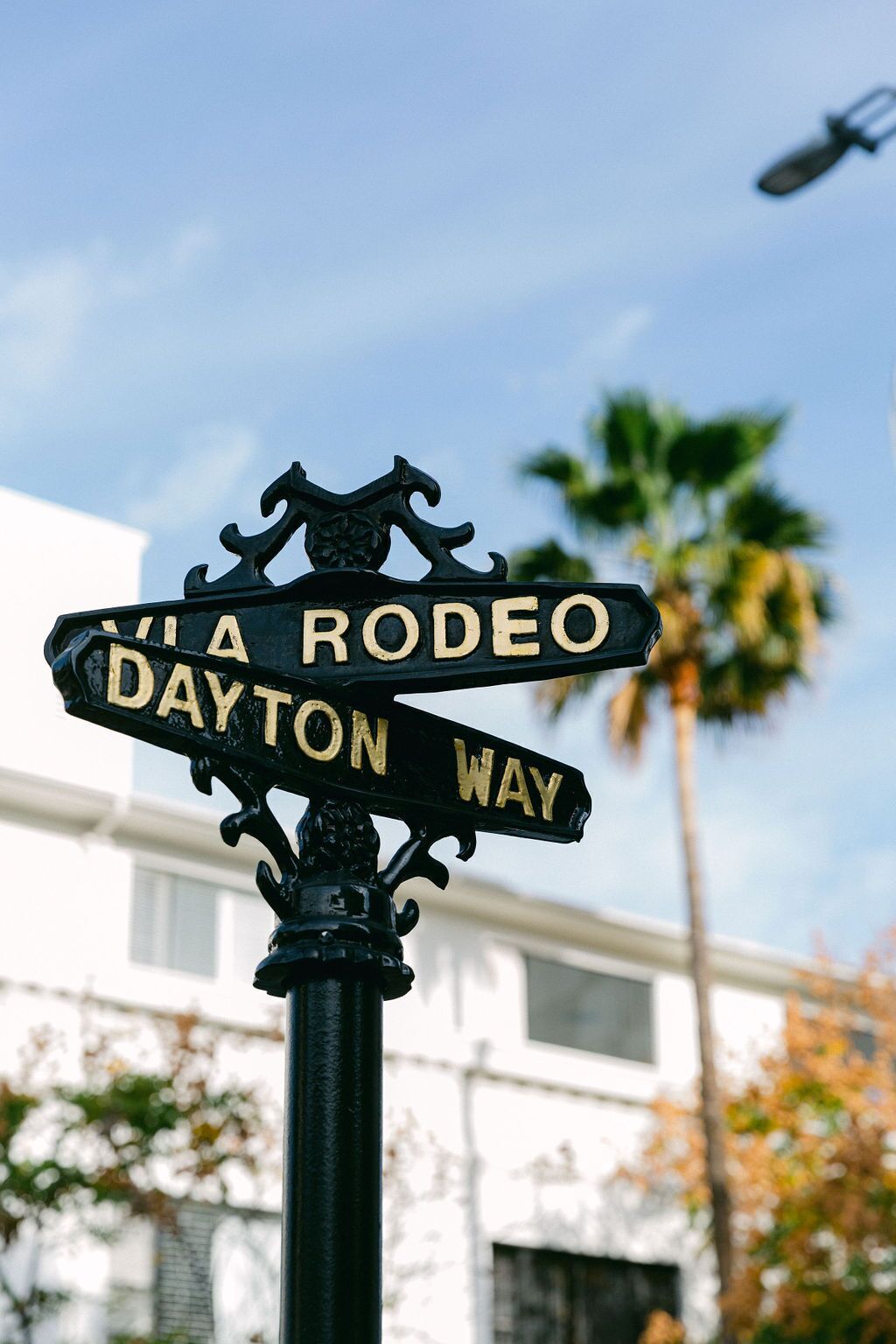 A street sign with "VIA RODEO DAYTON WAY" in gold lettering on a black metal post.