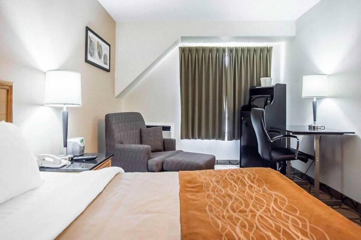 A hotel room with a bed, a desk, a chair, a television, and a window with curtains.