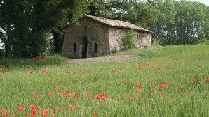 A stone building with a tiled roof, surrounded by a field of red poppies. - ibis Montelimar Nord (Saulce-sur-Rhone)