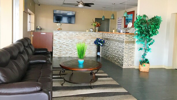 Un área de recepción con un sofá de cuero, mostrador de recepción, televisor de pantalla plana, ventiladores de techo y plantas en macetas.