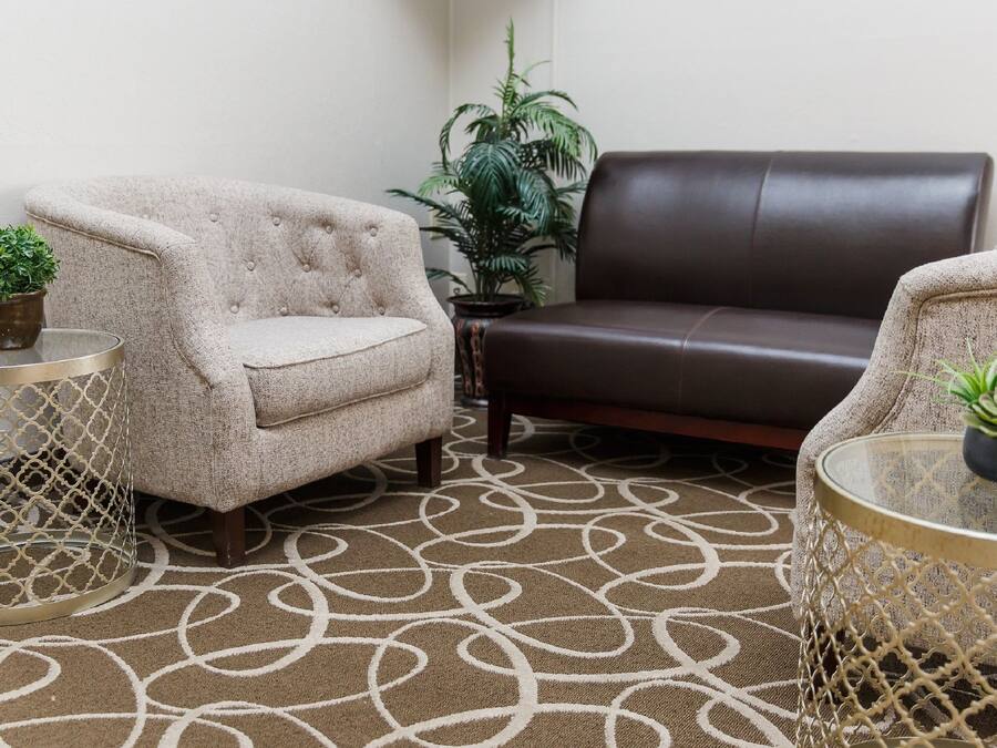Una sala de estar con alfombra estampada, dos sillones, un sofá y una mesita con una planta.