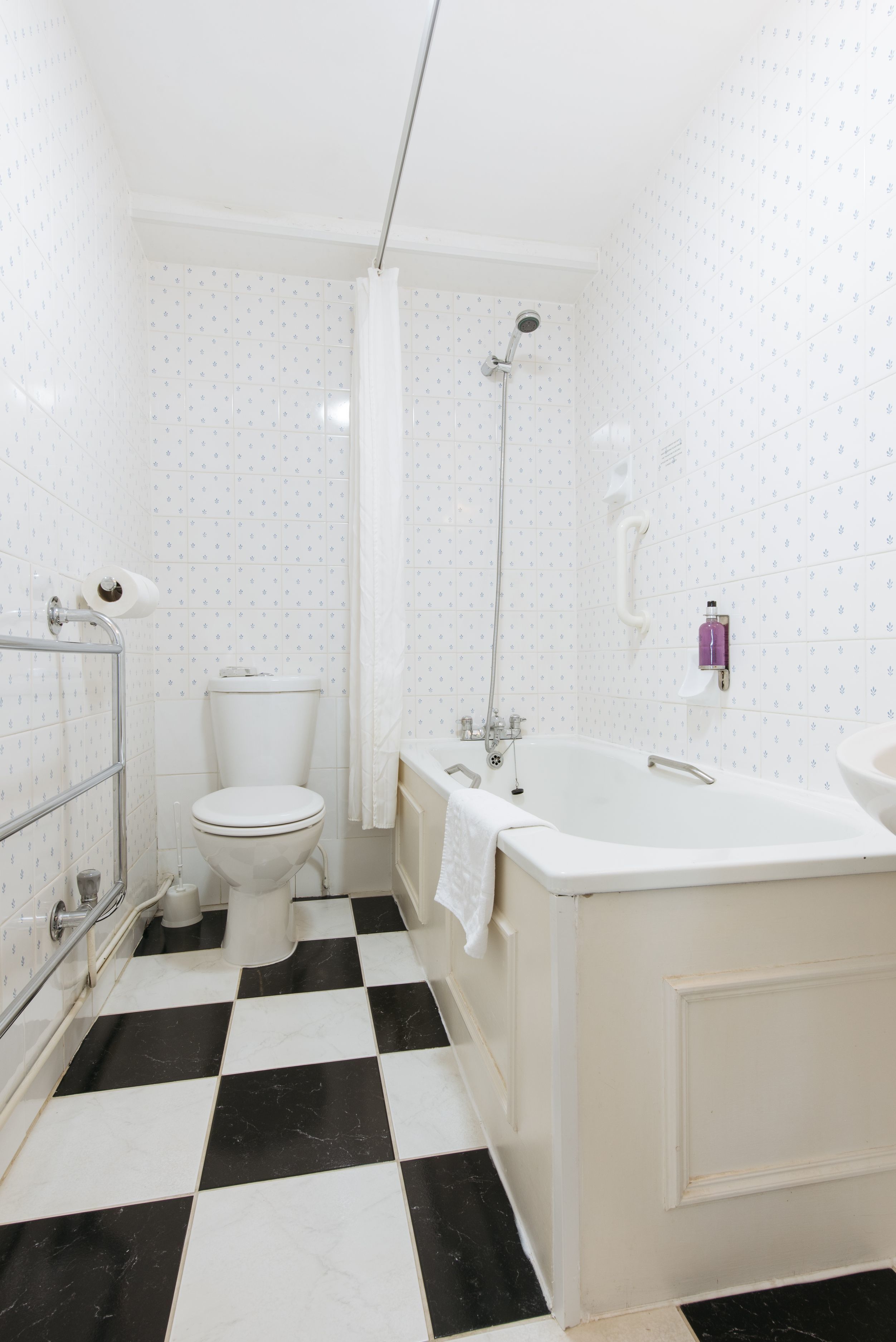 combined shower/bathtub, free toiletries, hair dryer, towels