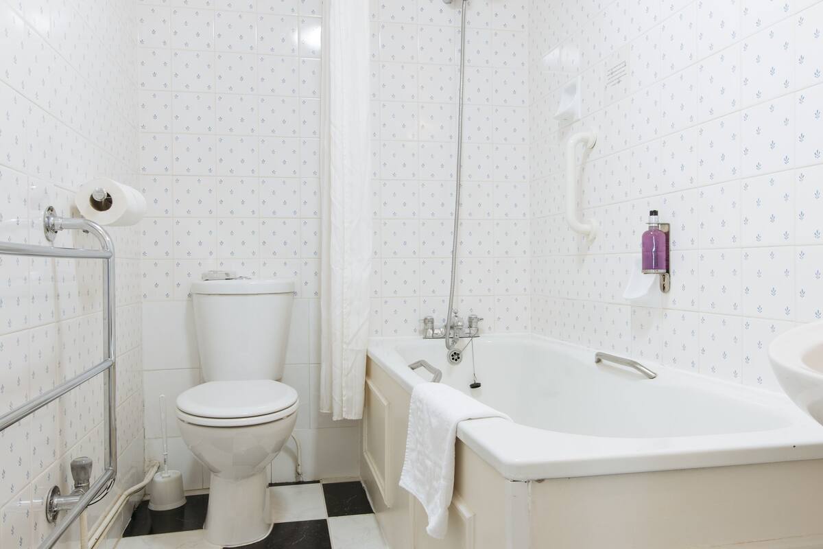 combined shower/bathtub, free toiletries, hair dryer, towels