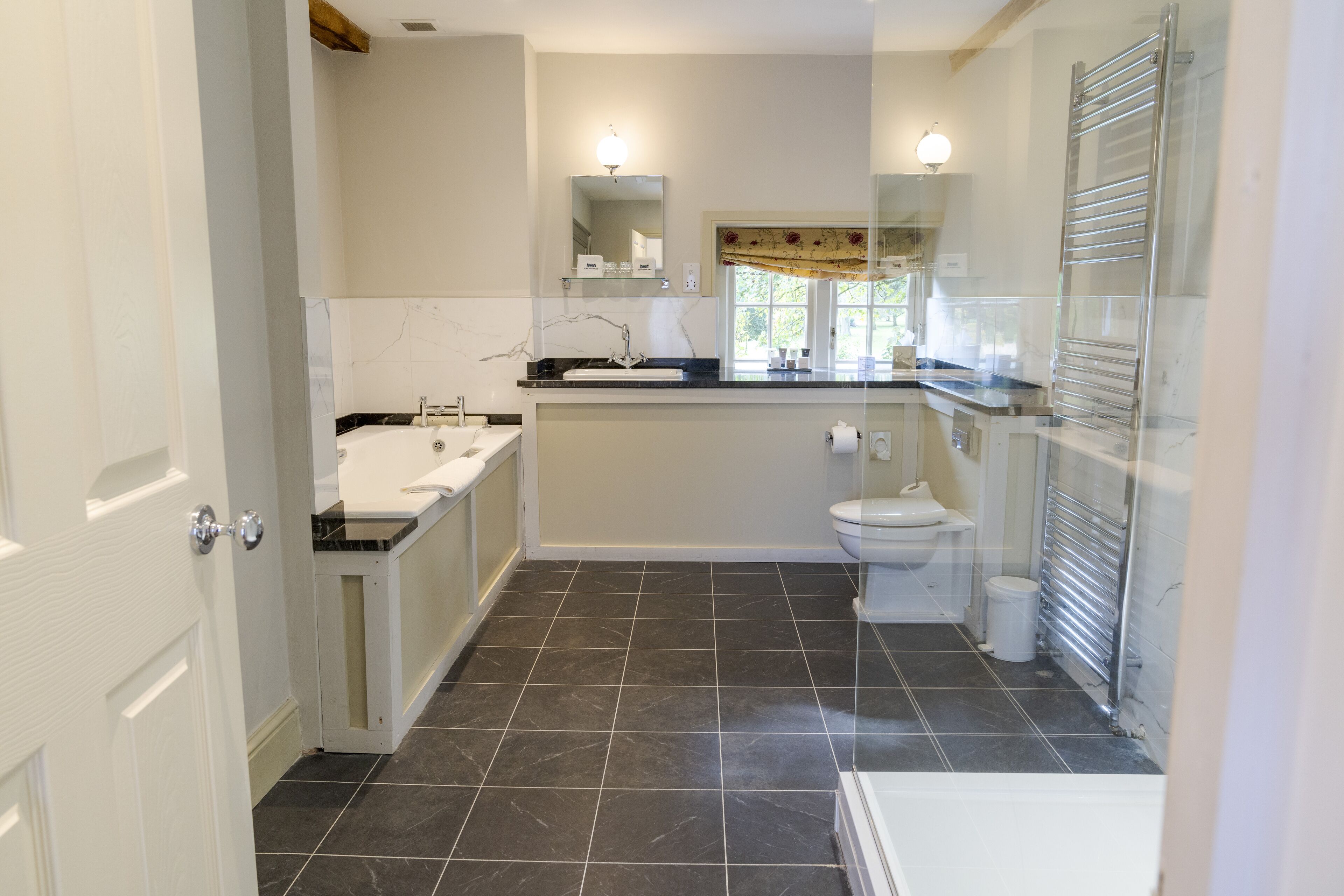 free toiletries, hair dryer, bathrobes, towels