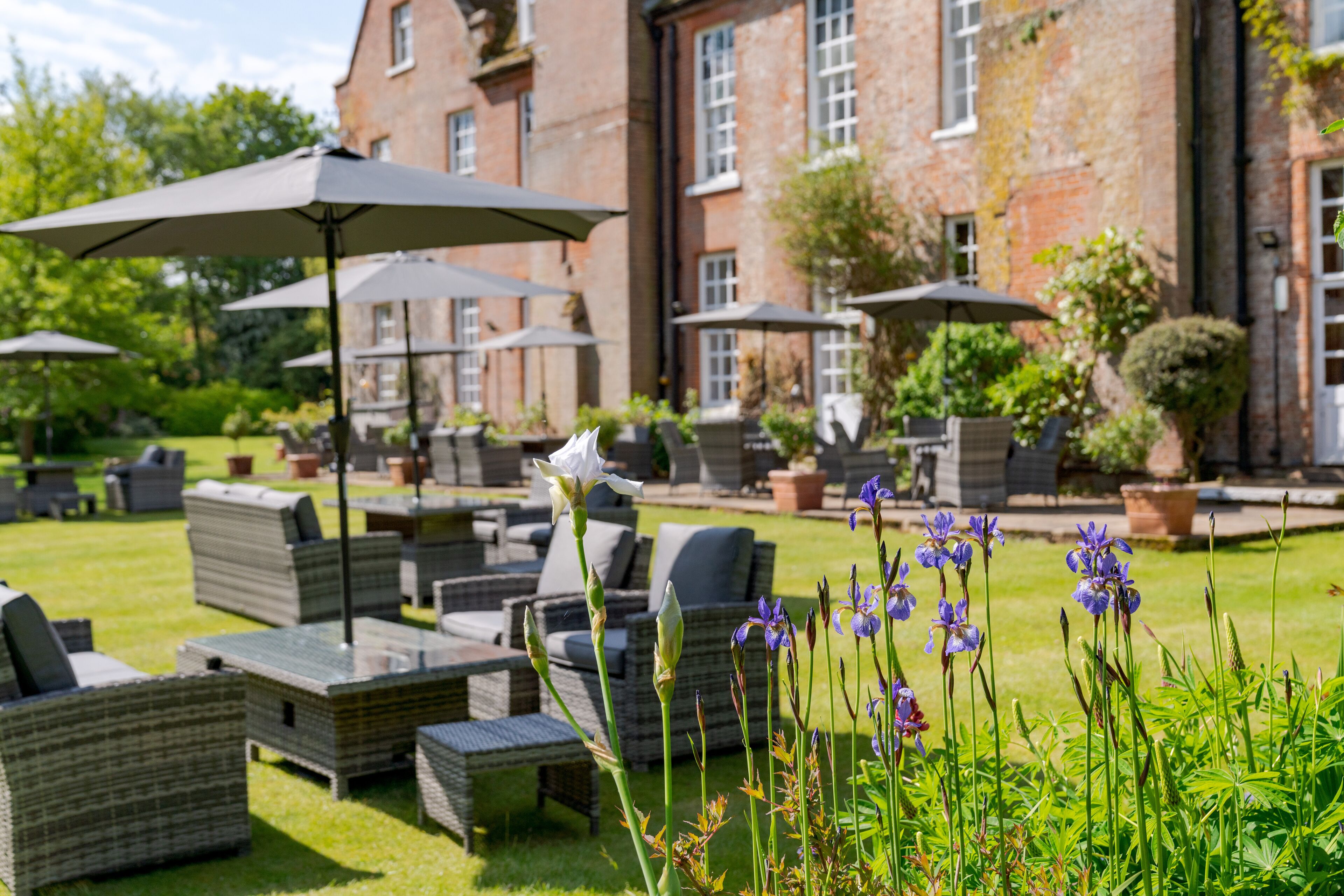 An outdoor seating area with wicker furniture and umbrellas, a flower bed with purple flowers, and a brick building in the background.