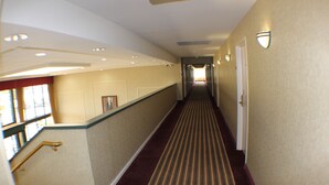 A hotel corridor with a patterned carpet, a handrail, and wall sconces.