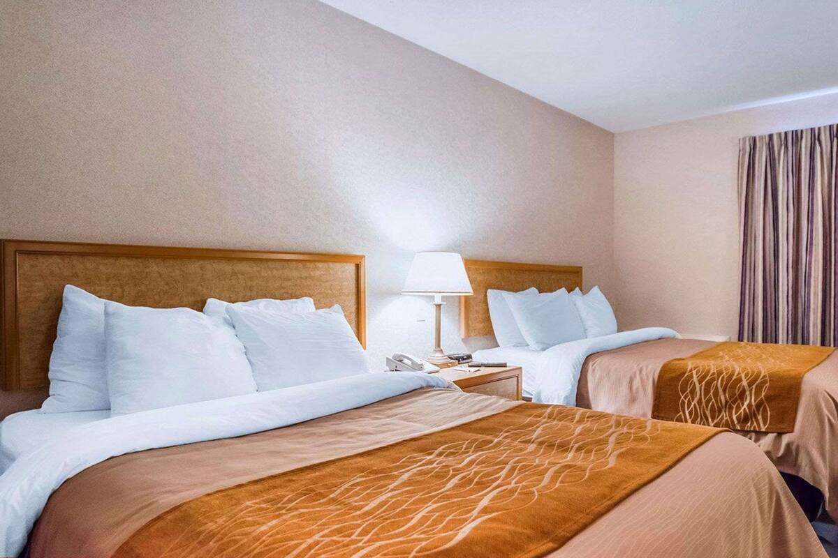 A hotel room with two beds, a nightstand with a lamp, and a curtain on the window.