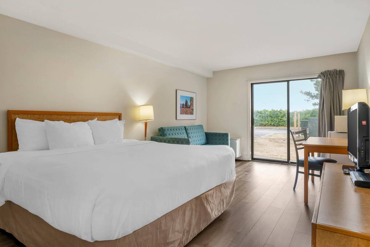 A hotel room with a large bed, a desk with a computer, a sofa, and a view of the outdoors.