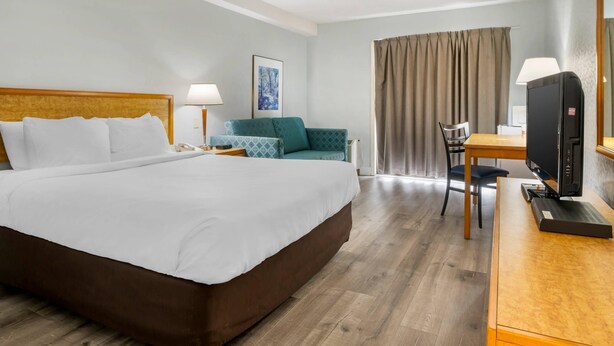 Quarto de hotel com uma cama grande, uma escrivaninha com computador, um sofá e uma televisão.