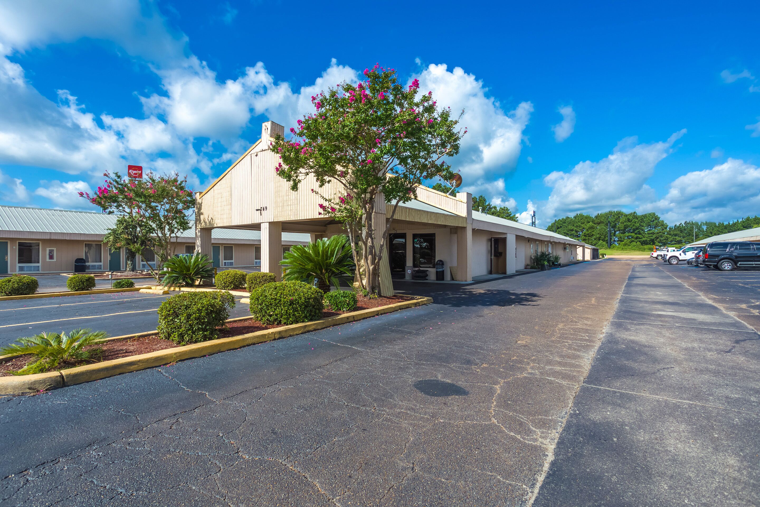 Um motel com estacionamento, galeria coberta e uma árvore com flores cor-de-rosa.