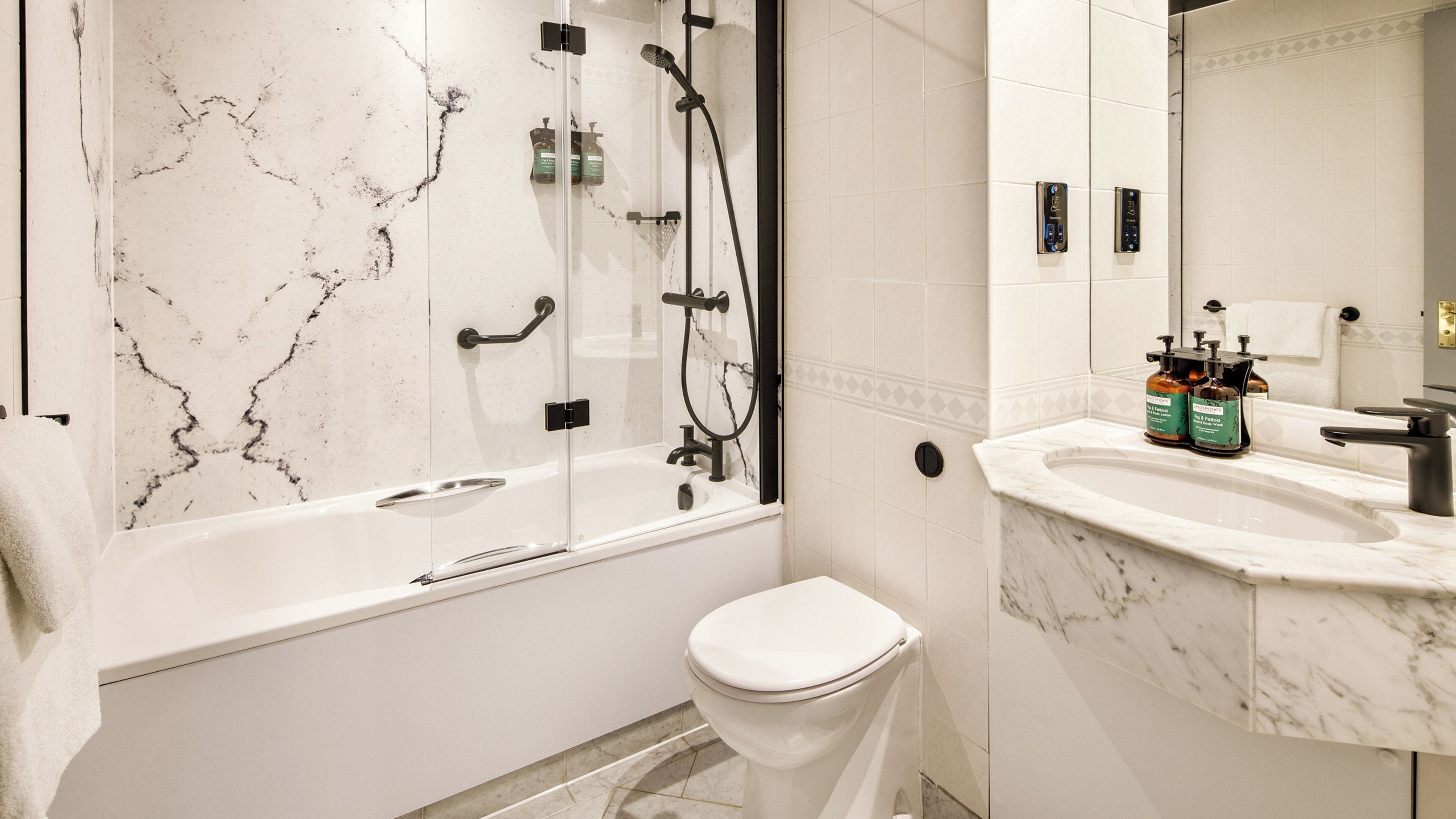 combined shower/bathtub, free toiletries, hair dryer, bathrobes