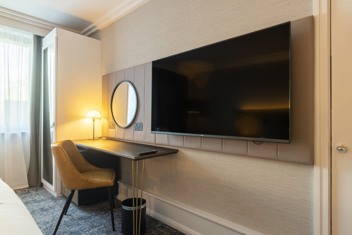 Une chambre d’hôtel comprenant un lit, un bureau avec une chaise, une télévision, un miroir et une poubelle.