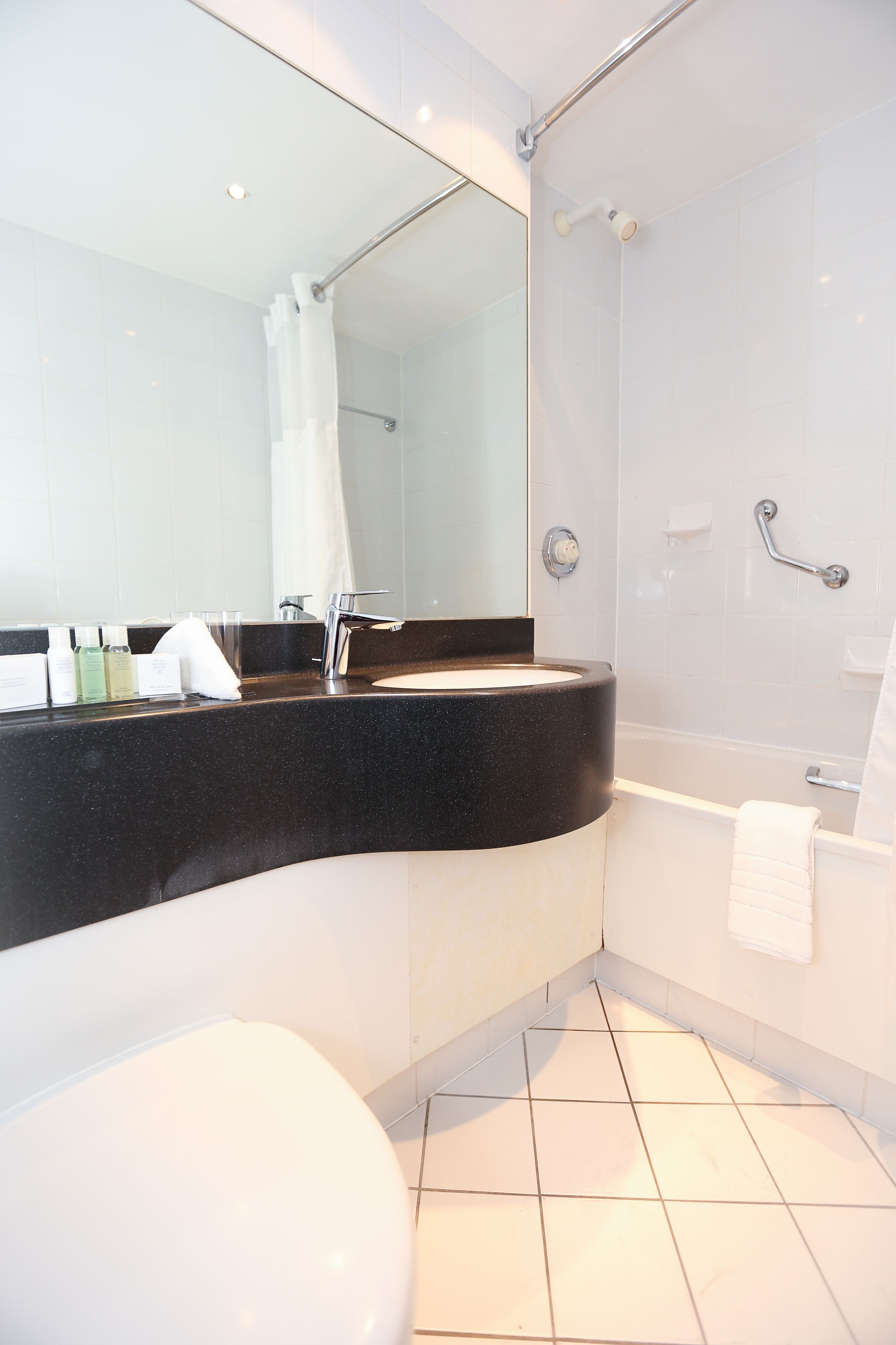A modern bathroom with a curved black sink, a white toilet, and a glass-enclosed shower area.