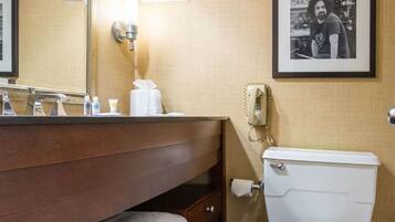 A hotel bathroom with a wooden vanity, a white toilet, a framed photograph on the wall, and a trash bin.