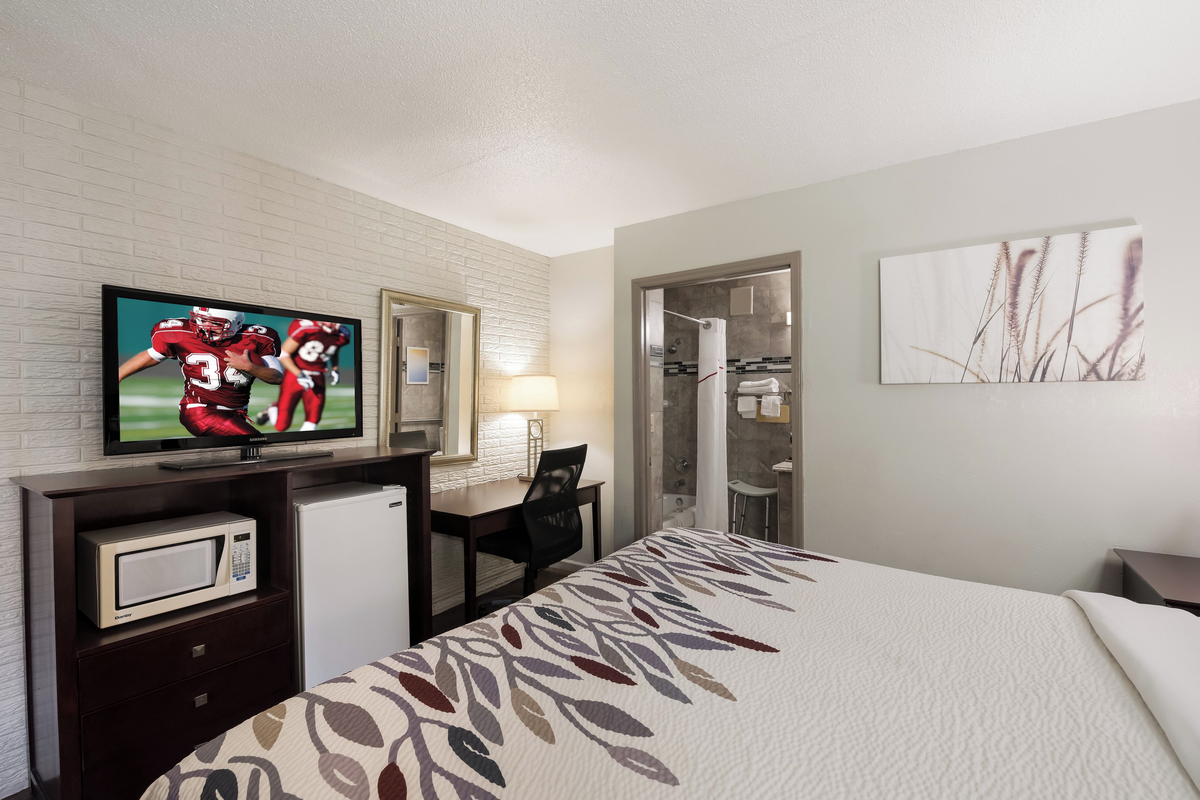 Habitación de hotel con cama, escritorio, televisor, microondas y zona de ducha.