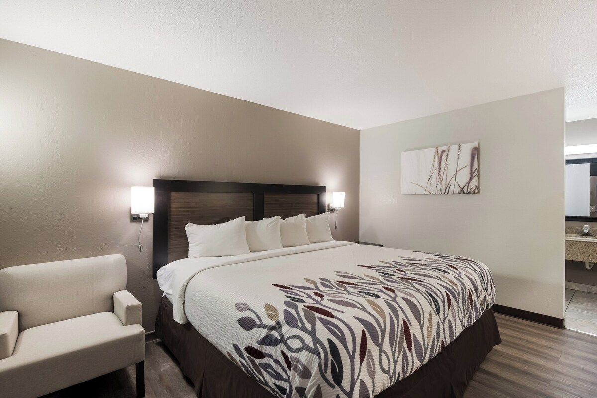 A hotel room with a large bed, a bedside table, a chair, a wall-mounted lamp, and a painting on the wall.