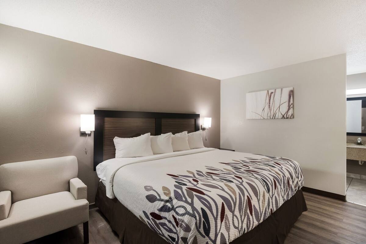A hotel room with a bed, a chair, a nightstand, a wall-mounted lamp, and a painting.