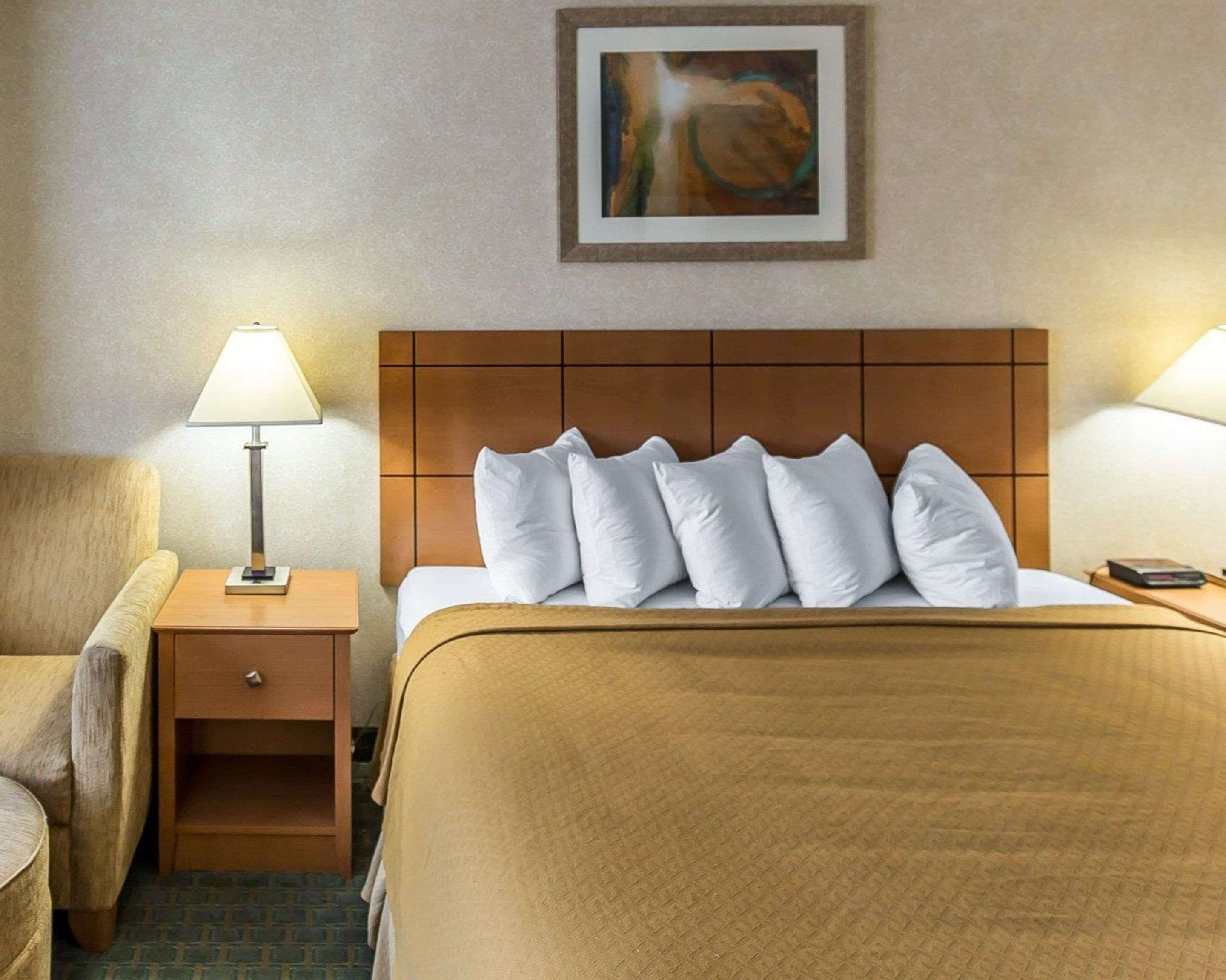 Habitación de hotel con cama, mesita de noche, lámpara, silla y un cuadro en la pared.