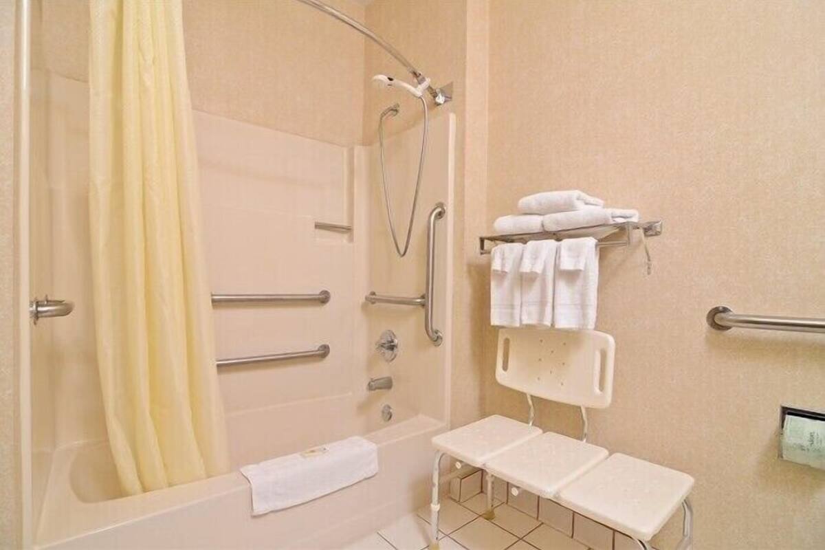 Room, 1 Queen Bed, Accessible, Non Smoking | Bathroom | Hair dryer (on request), towels