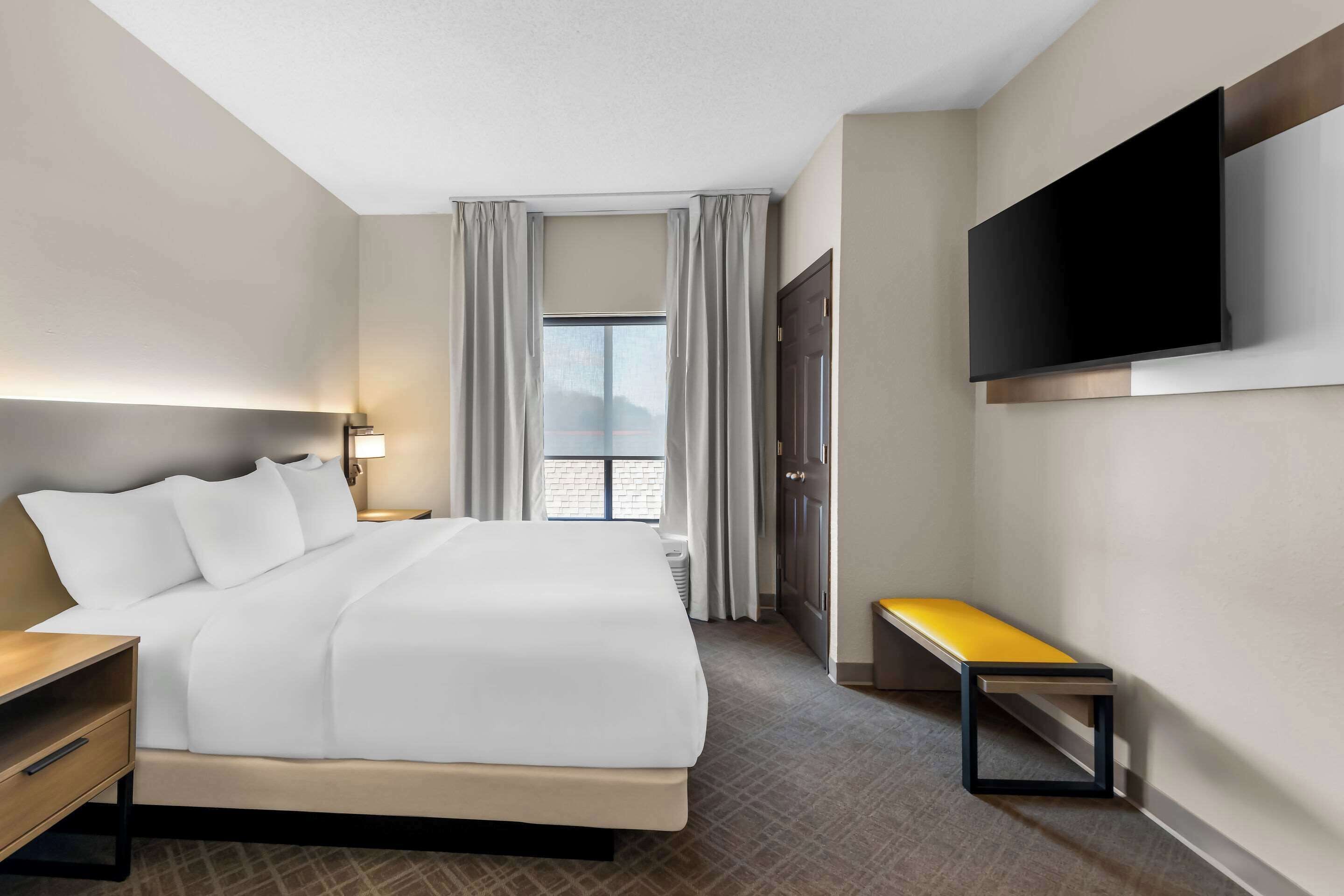 Une chambre d’hôtel avec un grand lit, une table de chevet, un banc, un téléviseur fixé au mur et une fenêtre avec des rideaux.