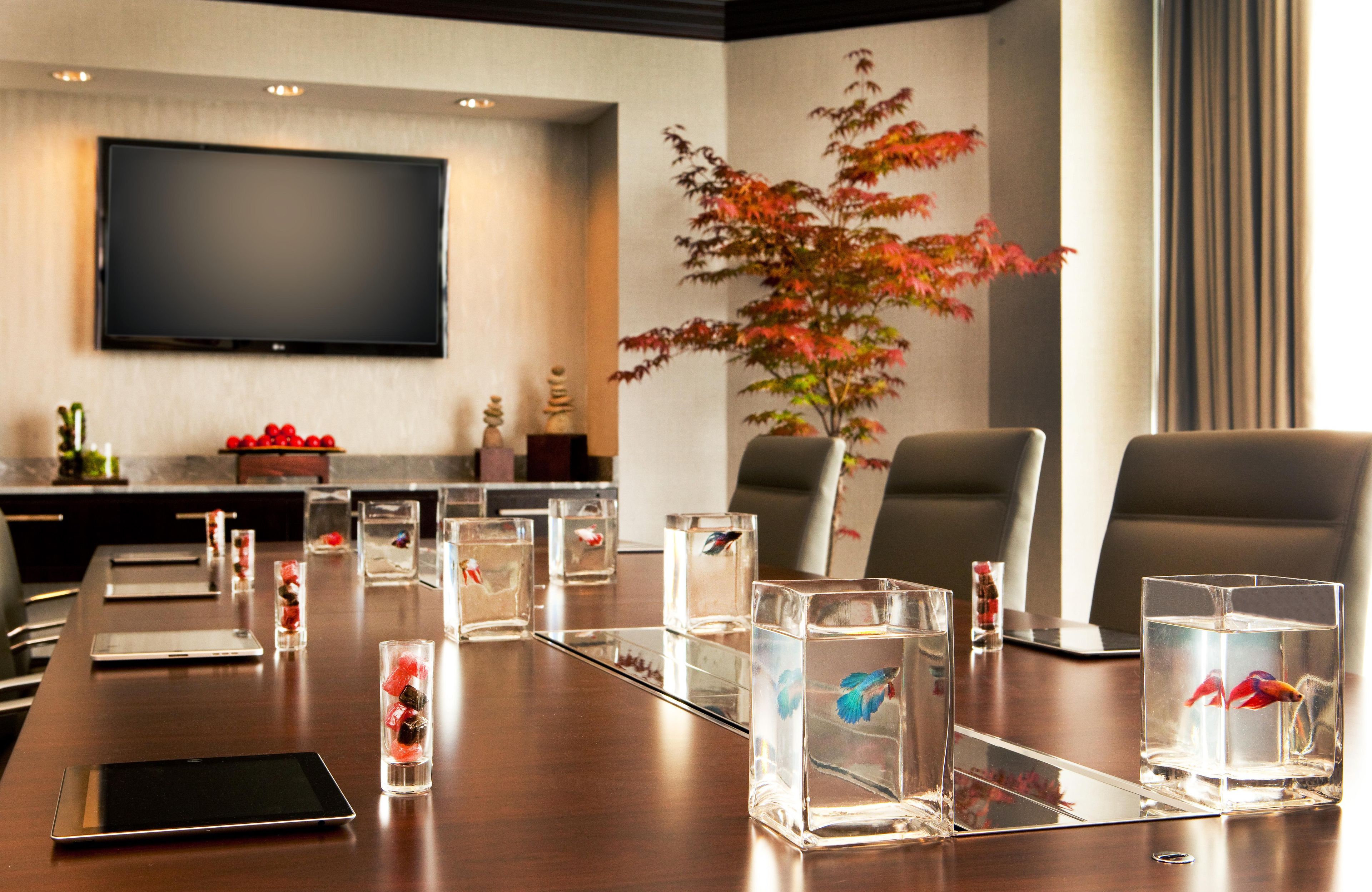 A conference room with a long table, chairs, a flat-screen TV, and decorative elements like a bonsai tree and a bonsai with red leaves.