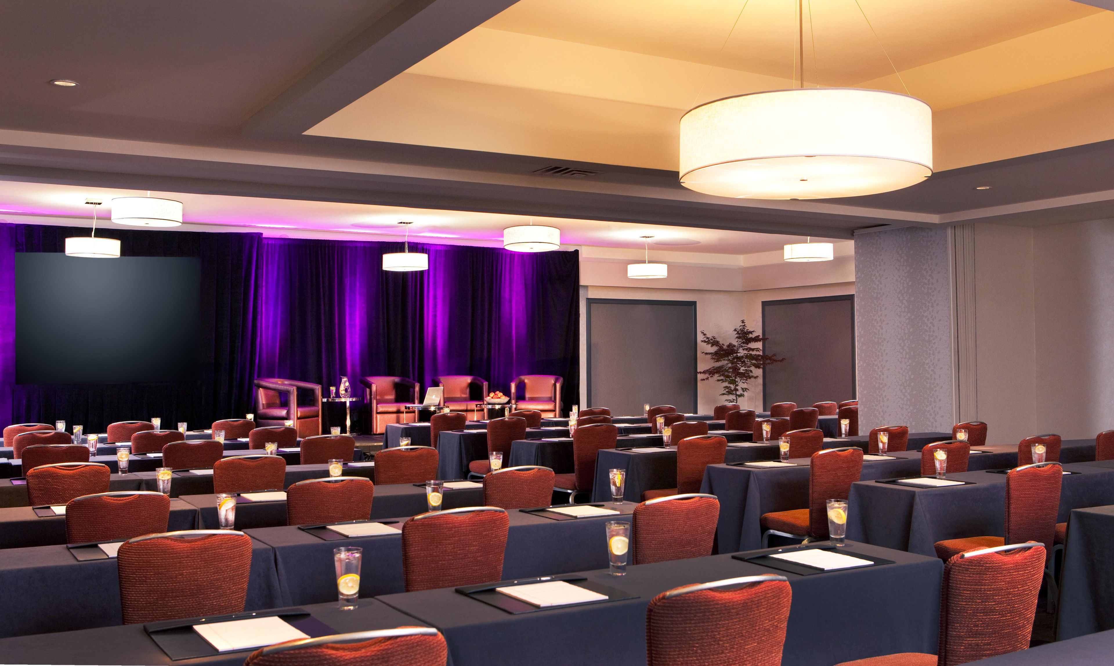 A conference room with rows of tables and chairs, a large screen, and purple lighting.