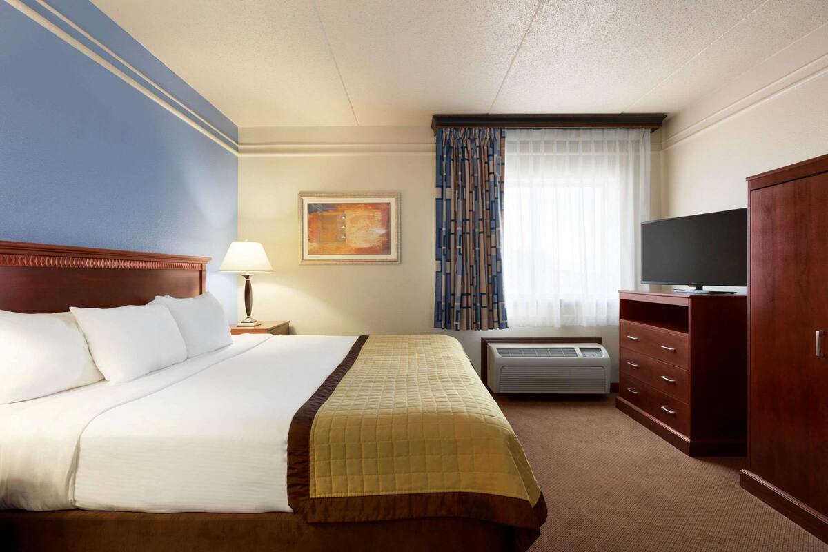 Une chambre d’hôtel avec un grand lit, une télévision, une armoire et une fenêtre avec des rideaux.